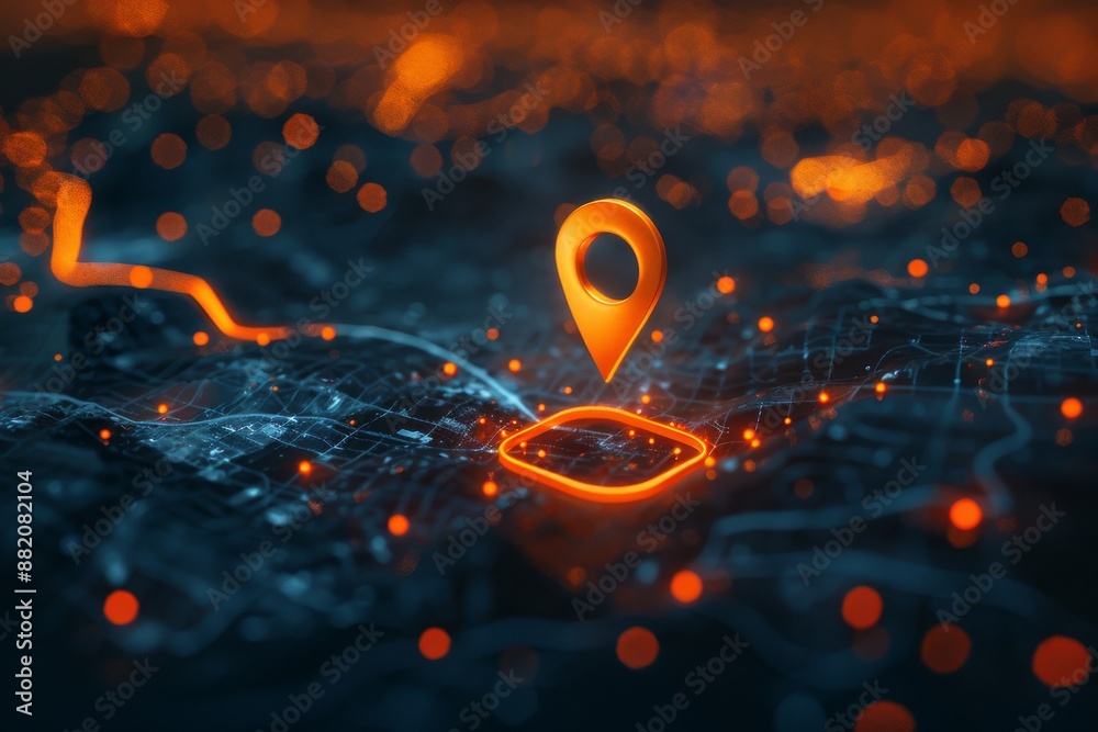 A hightech 3D location pin is set on a futuristic digital city map with glowing network connections A hightech 3D location pin is set on a futuristic digital city map with glowing network connections