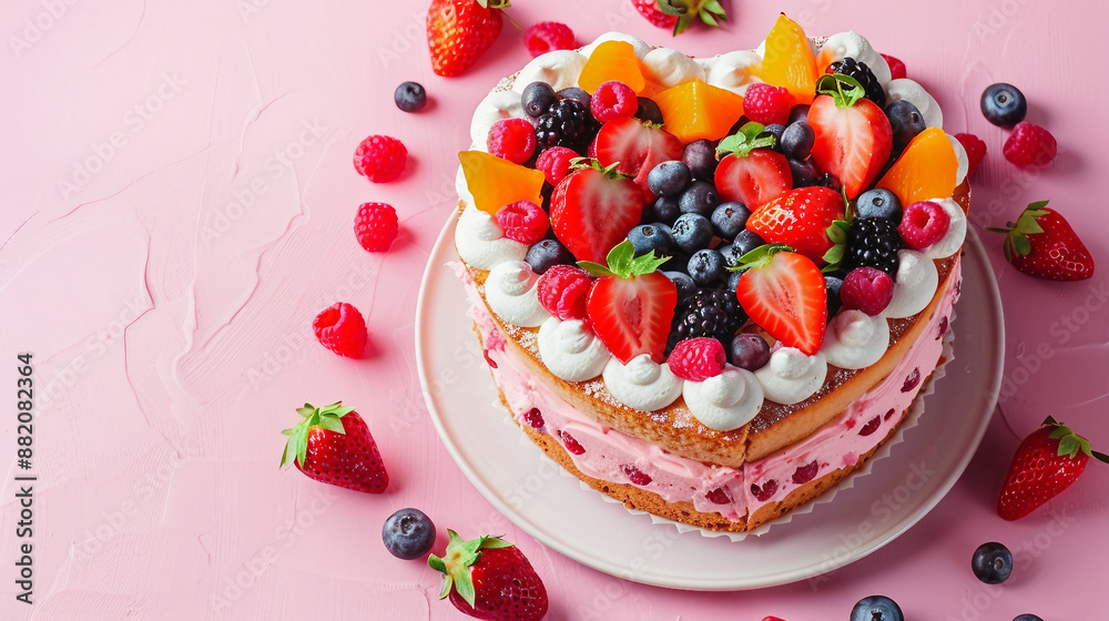 Sweet Heart Cake Decorated with Fresh Fruits on Pink Background, Ideal for Birthday Celebrations and Romantic Occasions - Gourmet Bakery Pastry Concept Sweet Heart Cake Decorated with Fresh Fruits on Pink Background, Ideal for Birthday Celebrations and Romantic Occasions - Gourmet Bakery Pastry Concept