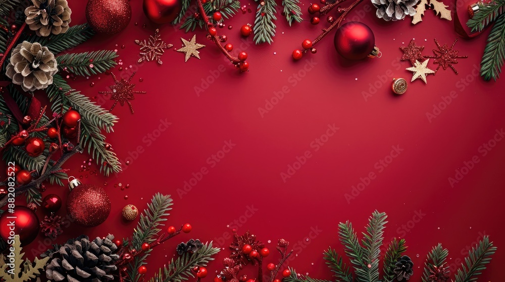Christmas or Winter themed red background with Xmas decorations for a Greeting card mock up representing the New Year holiday concept in a flat lay style with copy space Christmas or Winter themed red background with Xmas decorations for a Greeting card mock up representing the New Year holiday concept in a flat lay style with copy space
