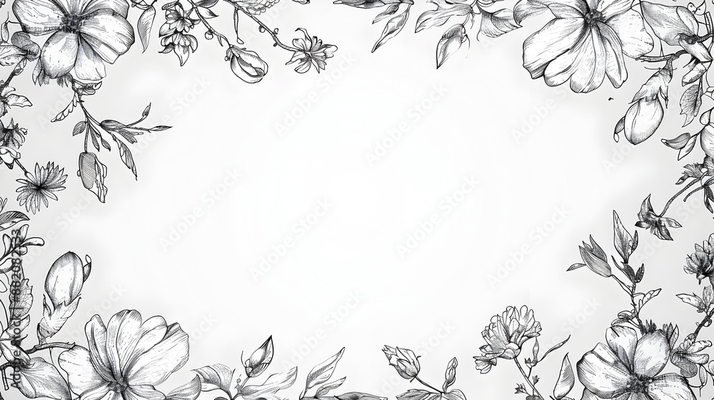 Fototapeta premium Elegant Black and White Floral Frame with Detailed Flowers