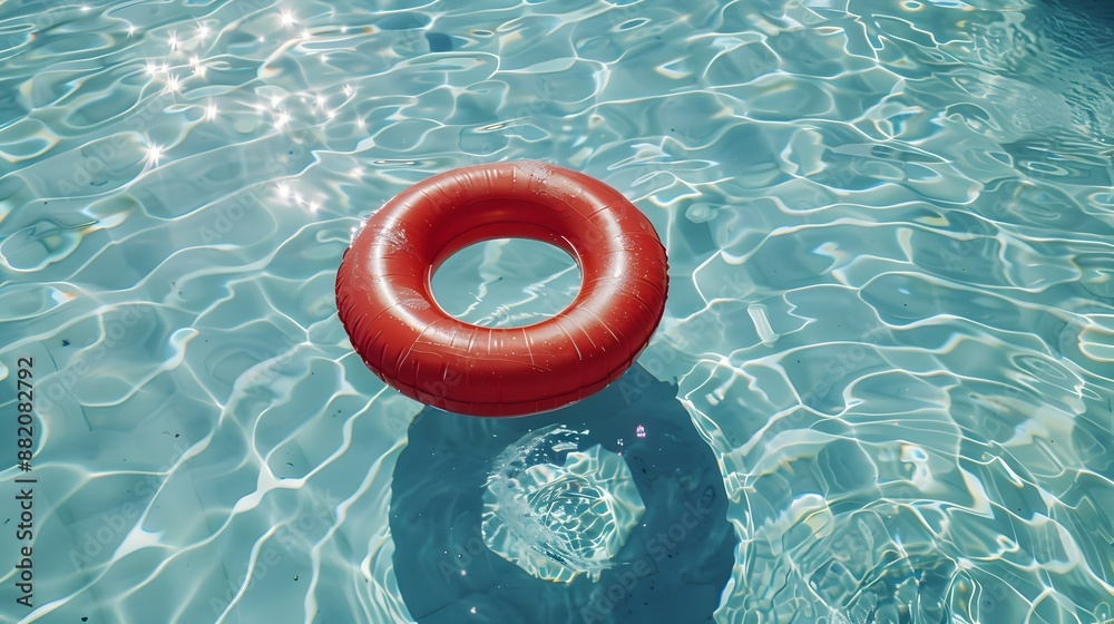 Vibrant Red Inflatable Ring Floating in Tranquil Swimming Pool on Sunny Day Vibrant Red Inflatable Ring Floating in Tranquil Swimming Pool on Sunny Day