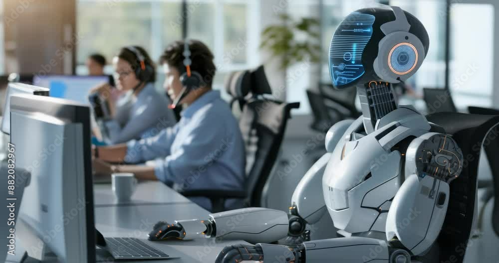 In a futuristic office, human employees work with an AI robot to boost efficiency and productivity In a futuristic office, human employees work with an AI robot to boost efficiency and productivity