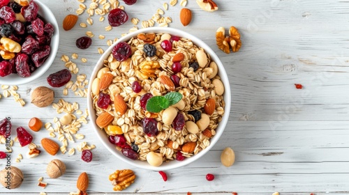 Cereal mixed with nuts and dried berries, served in a white bowl