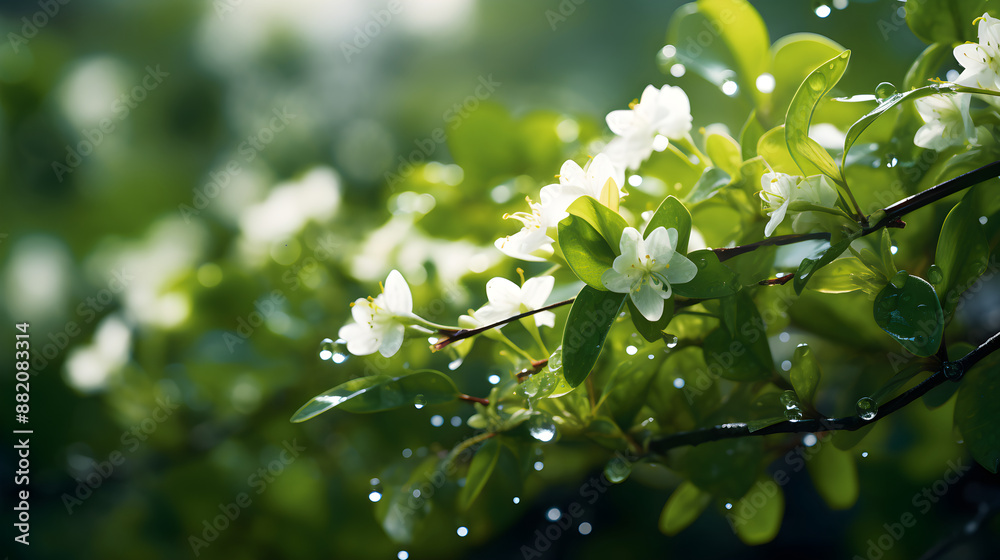 Exquisite Natural Portrait of a Flourishing Green Bush with Dewdrops and White Blossoms Exquisite Natural Portrait of a Flourishing Green Bush with Dewdrops and White Blossoms