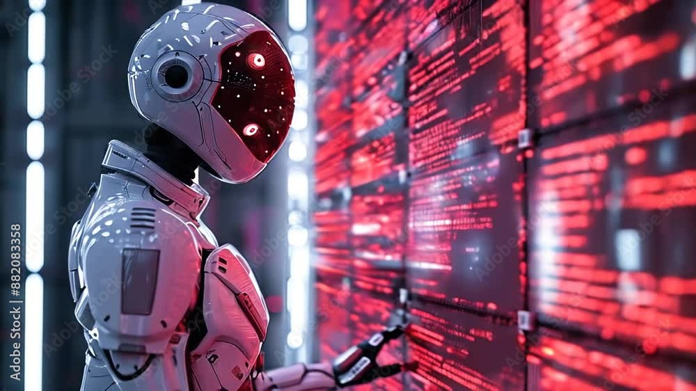 A white robot interacts with a digital data wall in a server room	