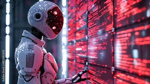 A white robot interacts with a digital data wall in a server room	