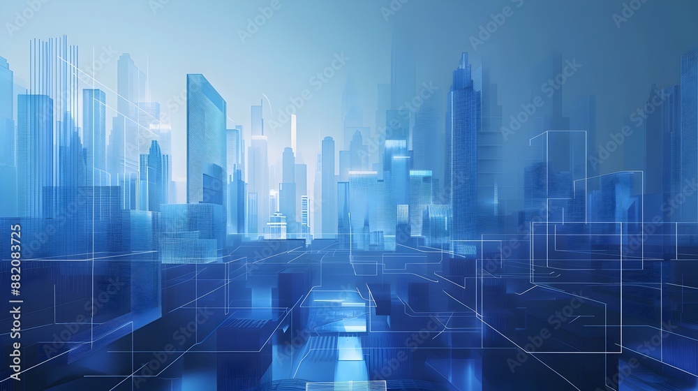Futuristic Cityscape with Teal Blue Skyscrapers and Abstract Grid Pattern Futuristic Cityscape with Teal Blue Skyscrapers and Abstract Grid Pattern