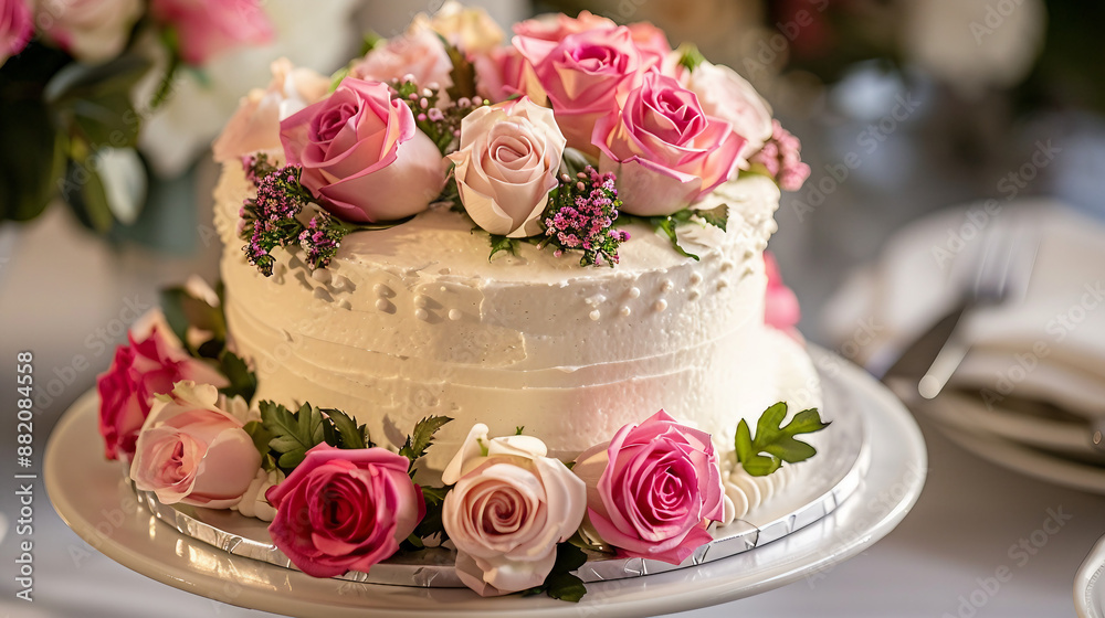 Elegant White Buttercream Round Cake with Pink Rose Flowers, Perfect for Birthday and Celebration Desserts, Isolated on White Background Elegant White Buttercream Round Cake with Pink Rose Flowers, Perfect for Birthday and Celebration Desserts, Isolated on White Background