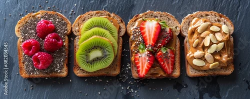 Panel kuchenny z motywem A variety of toasts topped with fresh fruits and nuts, including raspberries, kiwi, strawberries, and almonds, arranged on a slate background.
