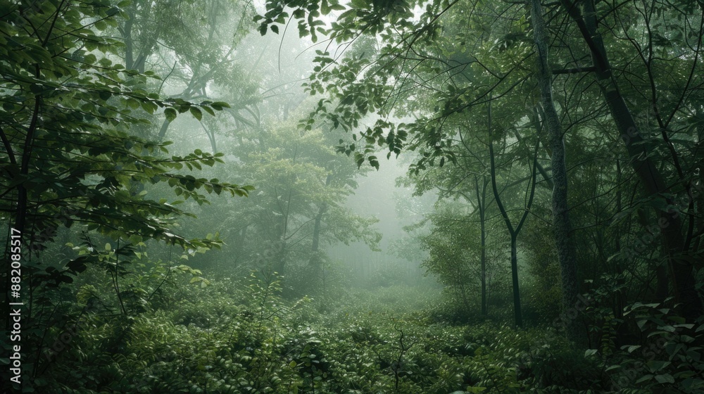 A dense forest with numerous green trees A dense forest with numerous green trees