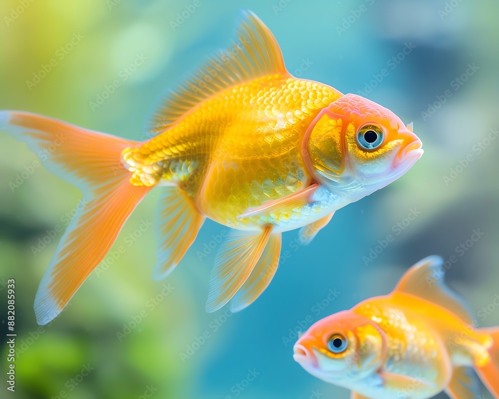 Two vibrant goldfish swim gracefully in a clear aquarium. Two vibrant goldfish swim gracefully in a clear aquarium.