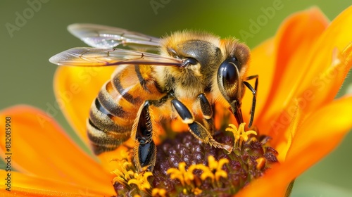 Wallpaper Mural Busy bee pollinating a bright flower, intricate details of the insect's wings and the delicate petals, highlighting nature's synergy Torontodigital.ca