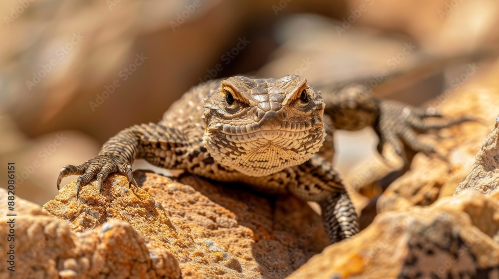 Close-up of a reptile with distinctive traits, sharp claws and piercing eyes, navigating a rocky, arid terrain, showcasing its resilience Close-up of a reptile with distinctive traits, sharp claws and piercing eyes, navigating a rocky, arid terrain, showcasing its resilience