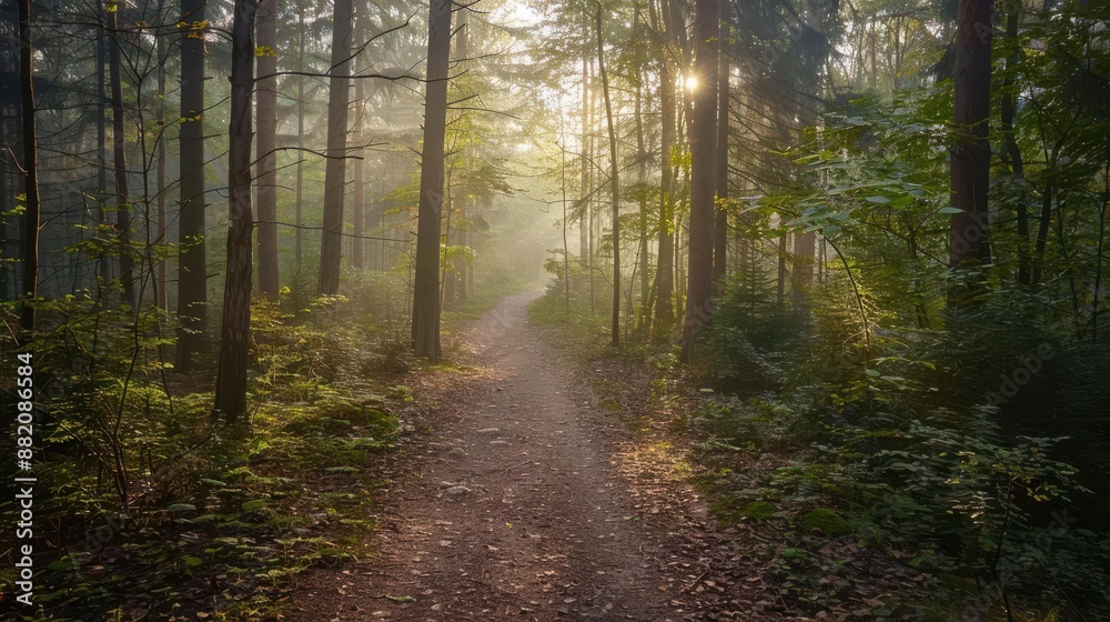 Fototapeta premium forest trail, morning light, fresh start, journey, renewal