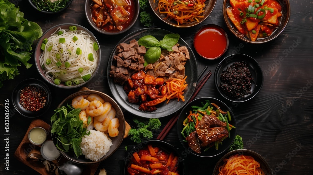 A variety of Korean dishes are arranged on a black table, including noodles, rice, and meat A variety of Korean dishes are arranged on a black table, including noodles, rice, and meat