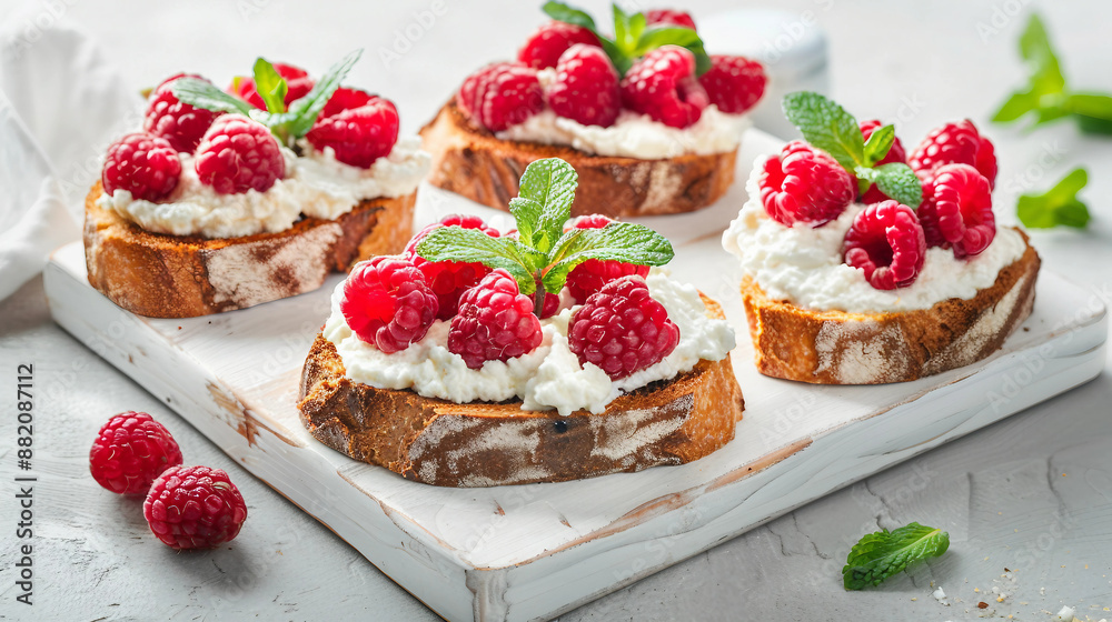 Delight in the simplicity of three delicious toasts with ricotta cheese and raspberry, perfect for a healthy breakfast or snack. These fresh, gourmet creations combine creamy ricotta, sweet raspberrie Delight in the simplicity of three delicious toasts with ricotta cheese and raspberry, perfect for a healthy breakfast or snack. These fresh, gourmet creations combine creamy ricotta, sweet raspberrie