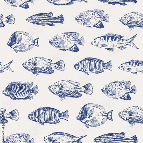 Vector sea animals seamless pattern. Ocean coral fish in blue on white.