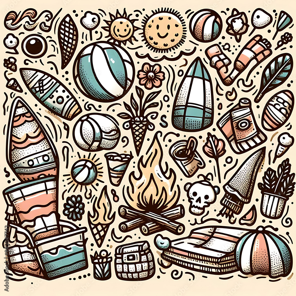 Obraz premium Doodle art cartoon of a beach party with surfboards and beach volleyball
