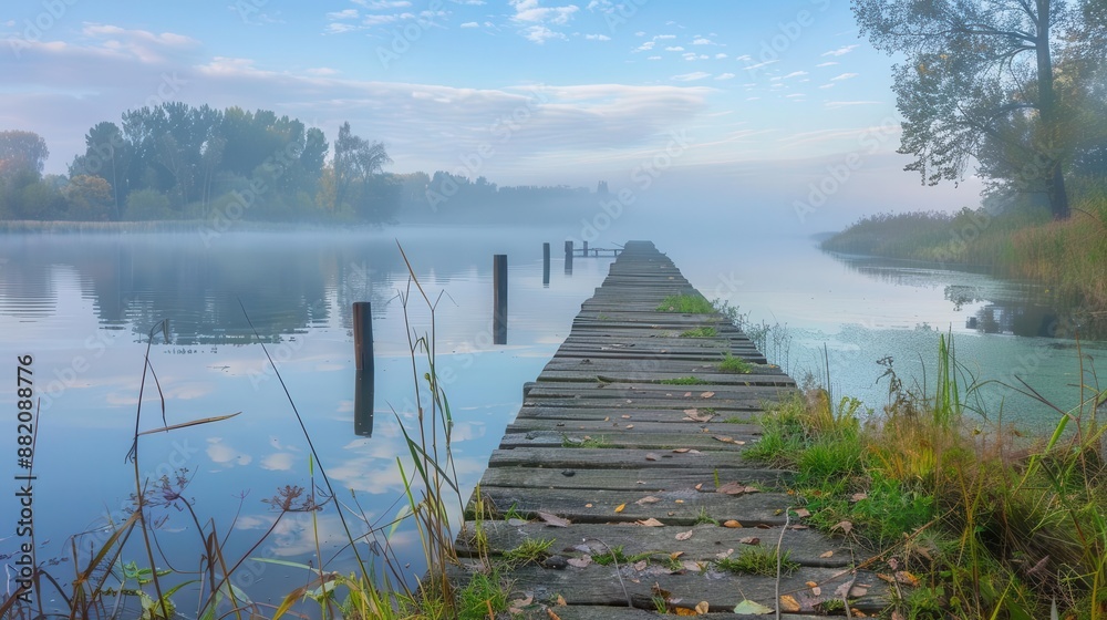 Obraz premium riverbank, misty morning, fresh start, journey, renewal