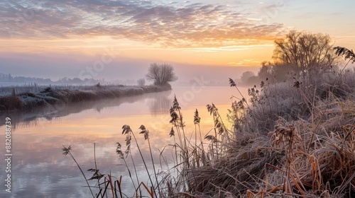 riverbank, misty morning, fresh start, journey, renewal photo