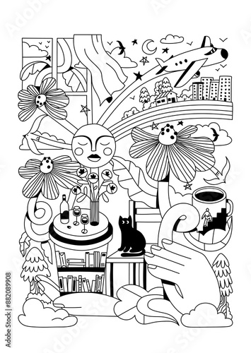 Collage. Sunny day, weekdays, routine, work. Flat art. Black and white vector illustration.