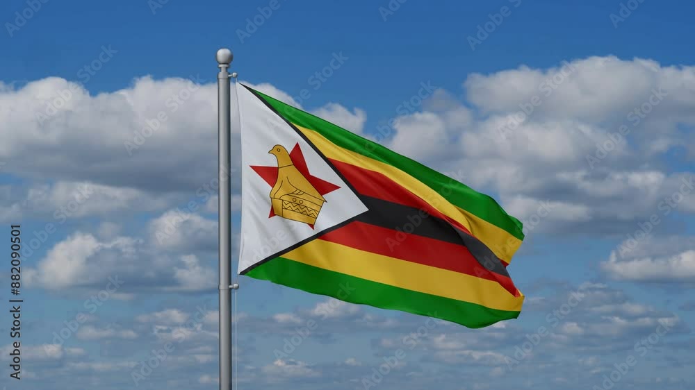 Zimbabwe flag waying in the wind against the running clouds on blue sky, close-up flag video