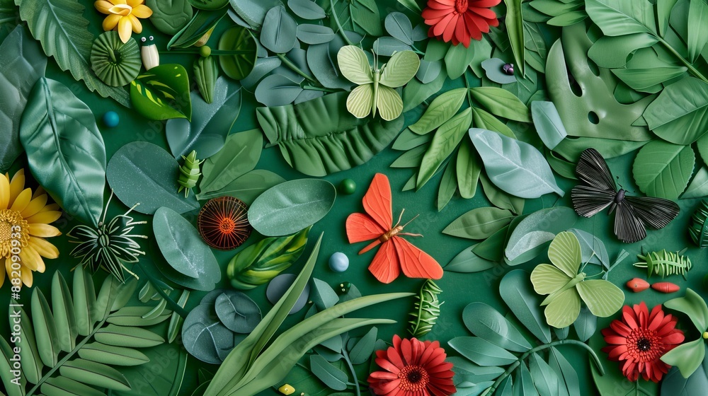 Naklejka premium Detailed view of insects adjusting within a vibrant ecosystem, showcasing their roles in maintaining ecological balance, intricate natural interactions