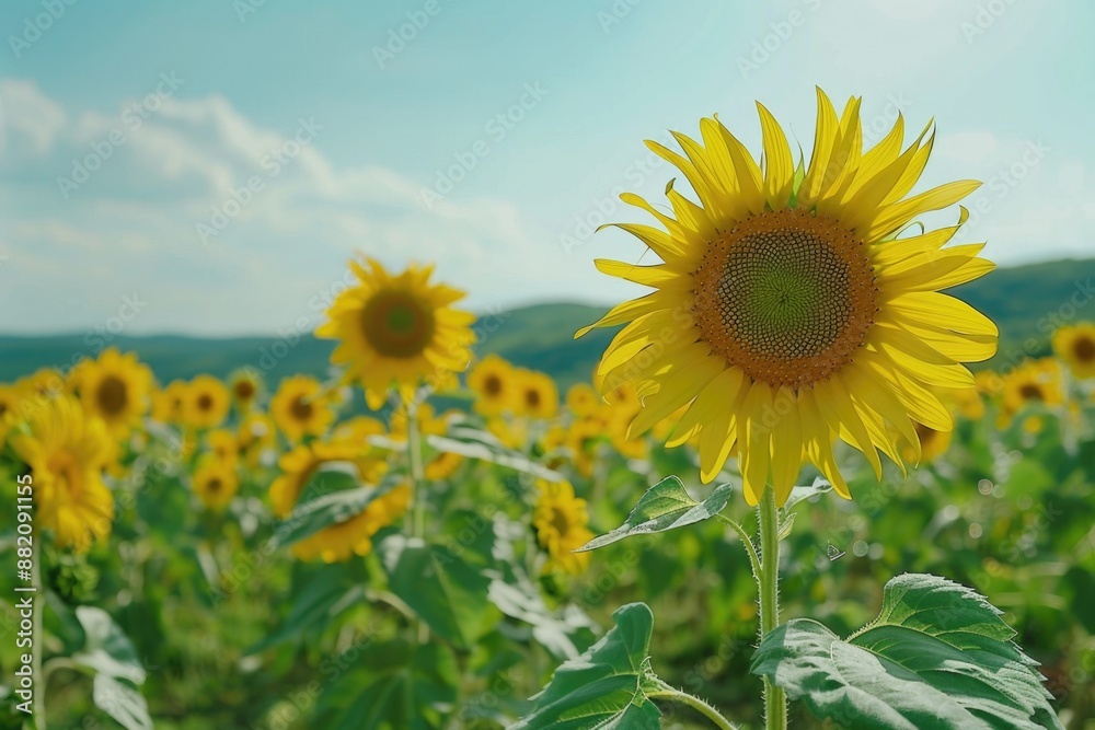 A bright and cheerful scene with a field of tall sunflowers facing the warm sunshine A bright and cheerful scene with a field of tall sunflowers facing the warm sunshine