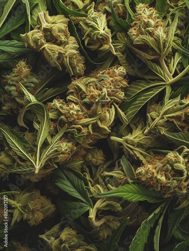 Closeup of marijuana buds and leaves photo