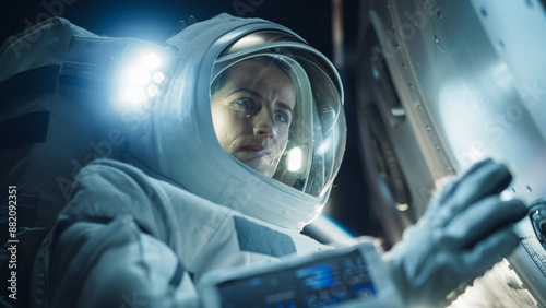 Portrait of Professioanal Astronaut Performing a Routine Maintenance Check Outside a Spacecraft in Zero Gravity in Outer Space. Technology, Scientific Exploration, Female Empowerment Concept photo