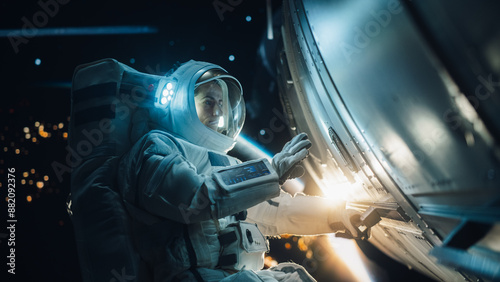 Caucasian Astronaut Performing Routine Maintenance Check Outside a Spacecraft in Zero Gravity in Outer Space. Advanced Space Technology, Scientific Exploration, Female Empowerment Concept