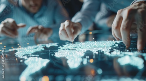 Global Expansion Strategy, Business Team Planting Flags on Digital Map with Futuristic Holographic Interface