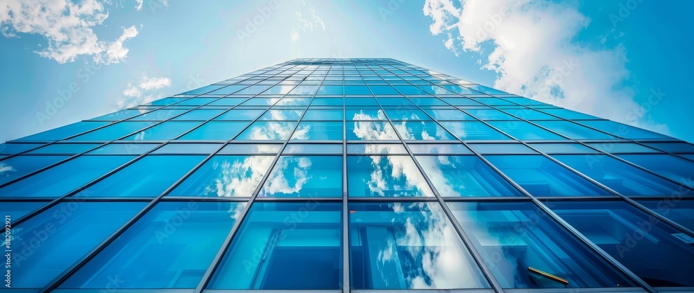 The blue sky is reflected in the glass facades of modern office buildings The blue sky is reflected in the glass facades of modern office buildings