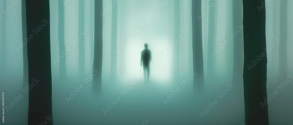 Enigmatic Silhouette in Dark Forest Doorway - Mysterious and Eerie Figure Casting Long Shadows in Foggy Atmosphere Enigmatic Silhouette in Dark Forest Doorway - Mysterious and Eerie Figure Casting Long Shadows in Foggy Atmosphere