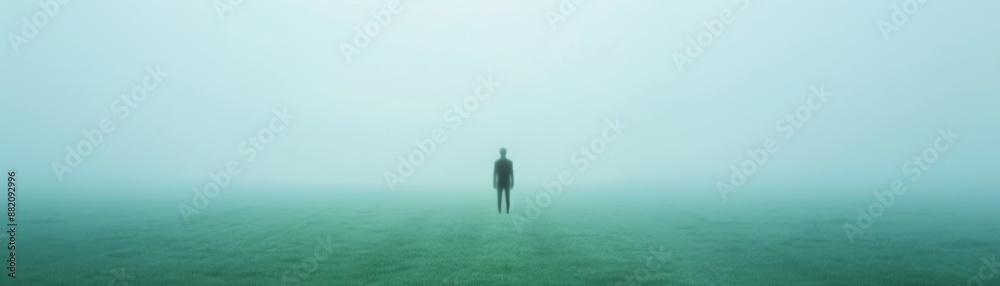 Enigmatic Foggy Landscape with Mysterious Silhouettes - A Lonely Figure Amidst an Eerie Mist Enigmatic Foggy Landscape with Mysterious Silhouettes - A Lonely Figure Amidst an Eerie Mist