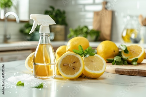 Cleaner made from natural products: baking soda, soap, vinegar, salt, lemon, and brush. Background: a wooden table in a kitchen decorated with a green background. photo