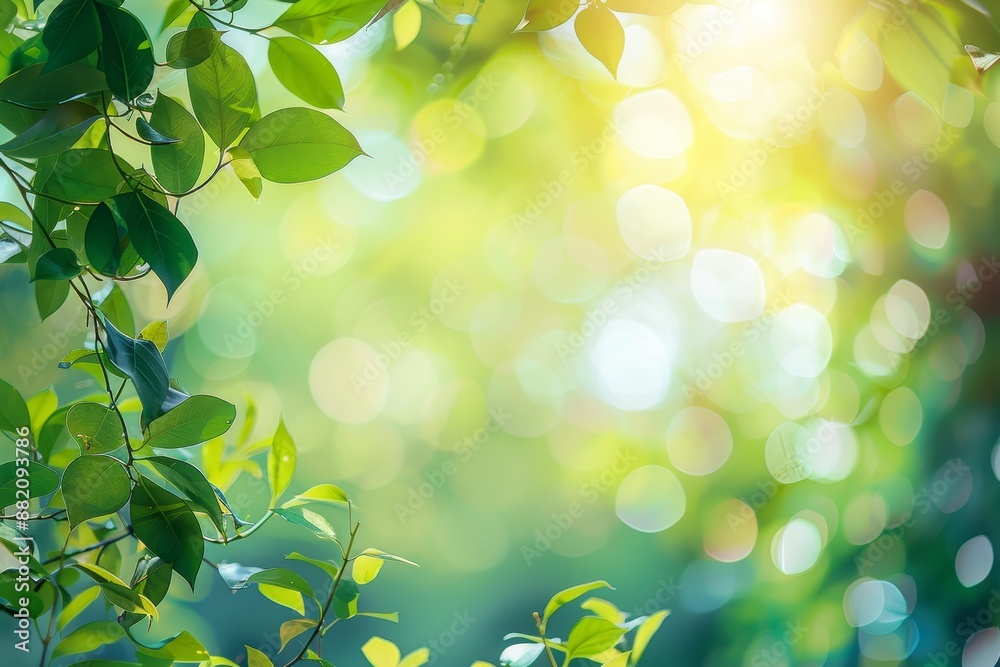 A green leaf on a blurred greenery background in a garden with sunlight and copy space. This is the concept of nature, ecology, and fresh wallpaper.