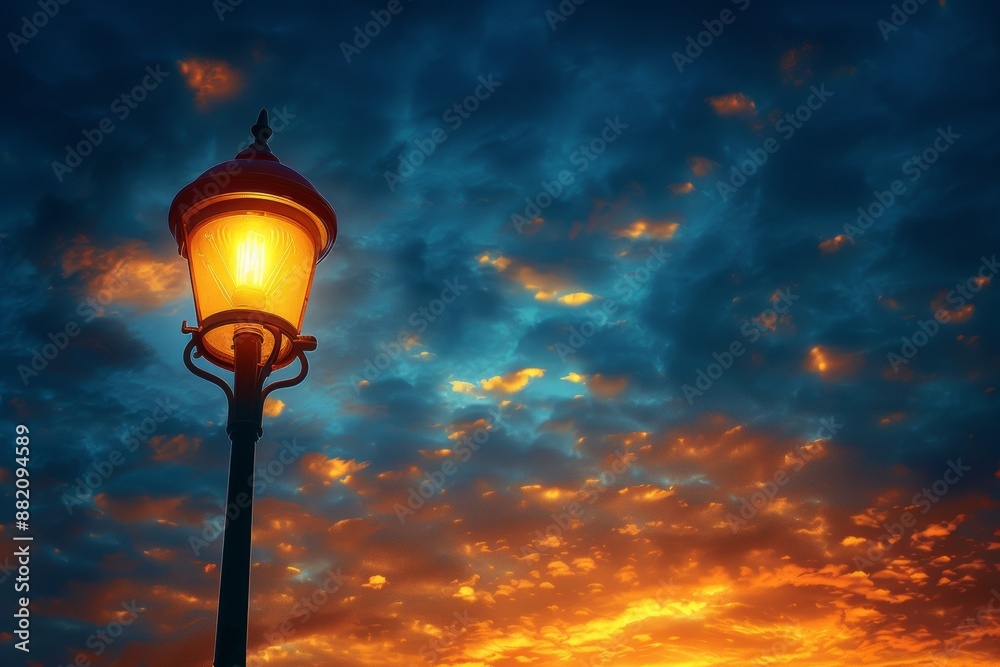 An LED streetlight pole with a sunset color background. An LED streetlight pole with a sunset color background.