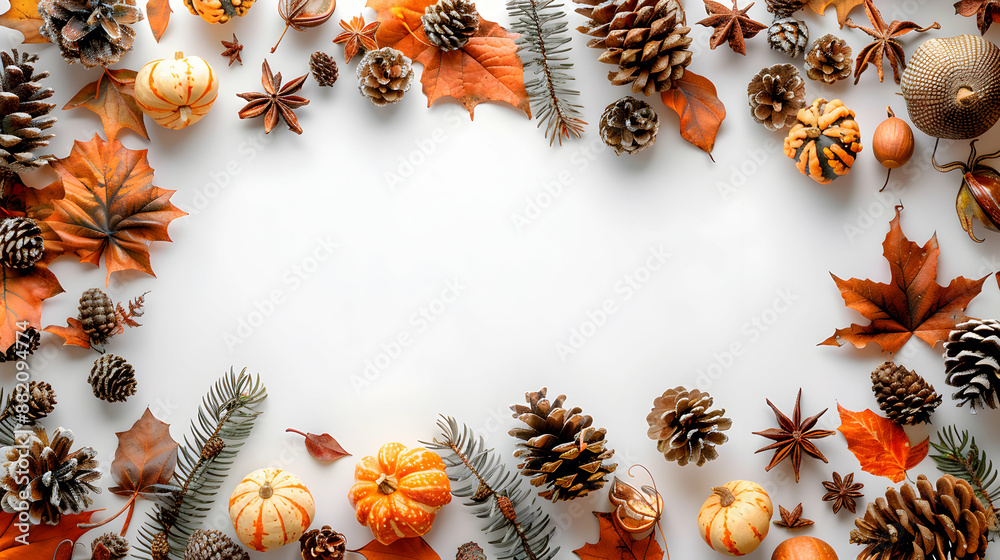 3D Flat Icon Thanksgiving Border Frame with Pine Cones and Gourds, Copy Space Festive Holiday Concept on White Background 3D Flat Icon Thanksgiving Border Frame with Pine Cones and Gourds, Copy Space Festive Holiday Concept on White Background