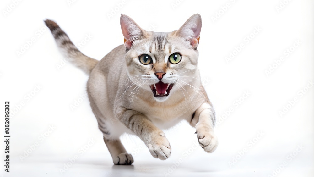 Fototapeta premium Domestic shorthair cat running with mouth open and green eyes wide in mid-stride