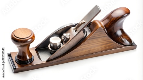 Detailed view of a finely crafted wooden hand plane with a metal blade photo