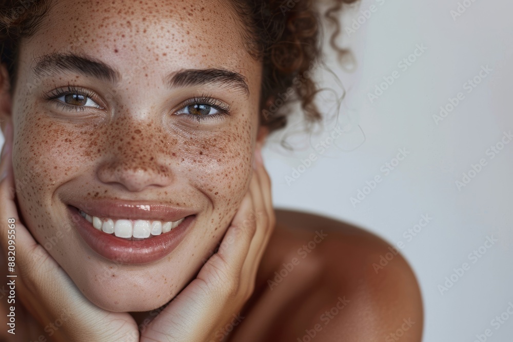 The face, beauty, and skin of a beautiful black woman is shown in studio over a gray backdrop, promoting natural beauty and skincare. An attractive young female, happy with her skincare product, also The face, beauty, and skin of a beautiful black woman is shown in studio over a gray backdrop, promoting natural beauty and skincare. An attractive young female, happy with her skincare product, also