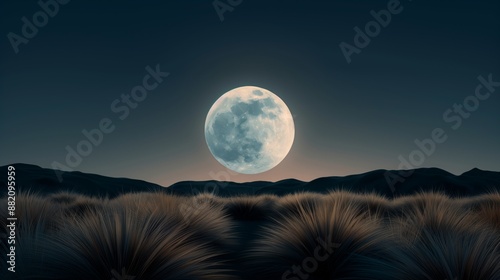 Full moon illuminating a field of grass at night