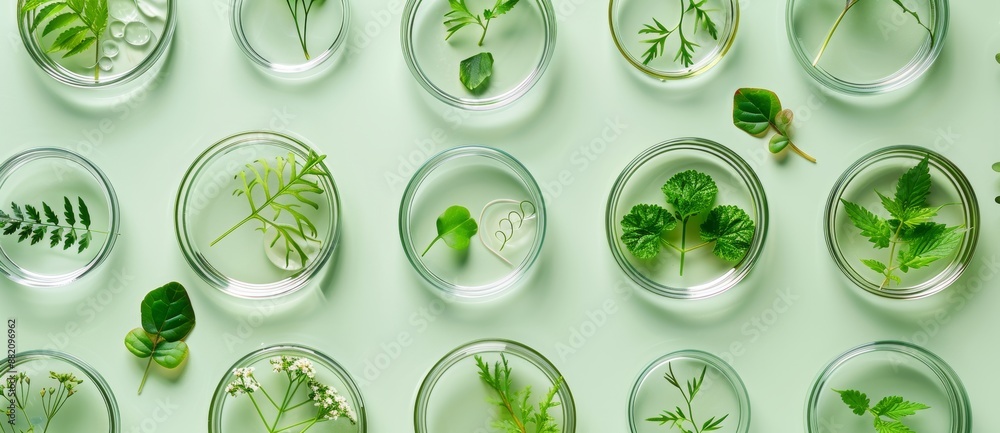 Composition of petri dishes and plants on a light green background Composition of petri dishes and plants on a light green background