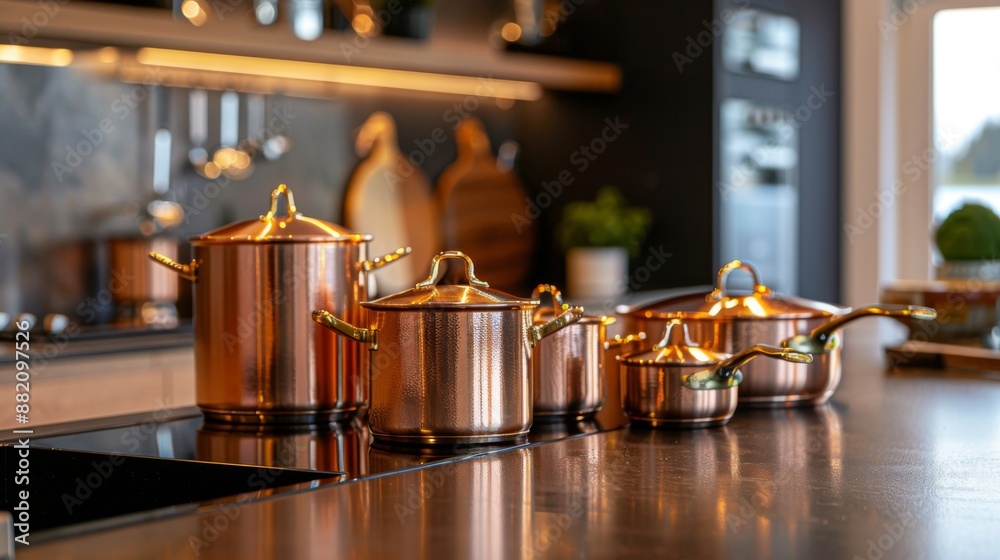 A modern kitchen island with a set of copper pots and pans displayed prominently. A modern kitchen island with a set of copper pots and pans displayed prominently.