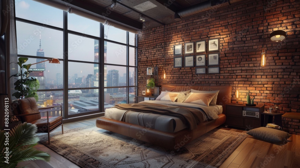 A modern loft bedroom with exposed brick walls, industrial-style lighting, and a platform bed. A modern loft bedroom with exposed brick walls, industrial-style lighting, and a platform bed.