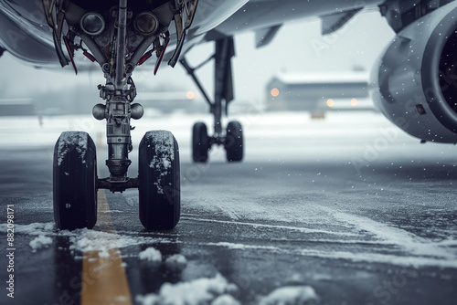 Close-Up of Airplane Wheels on Snowy Tarmac