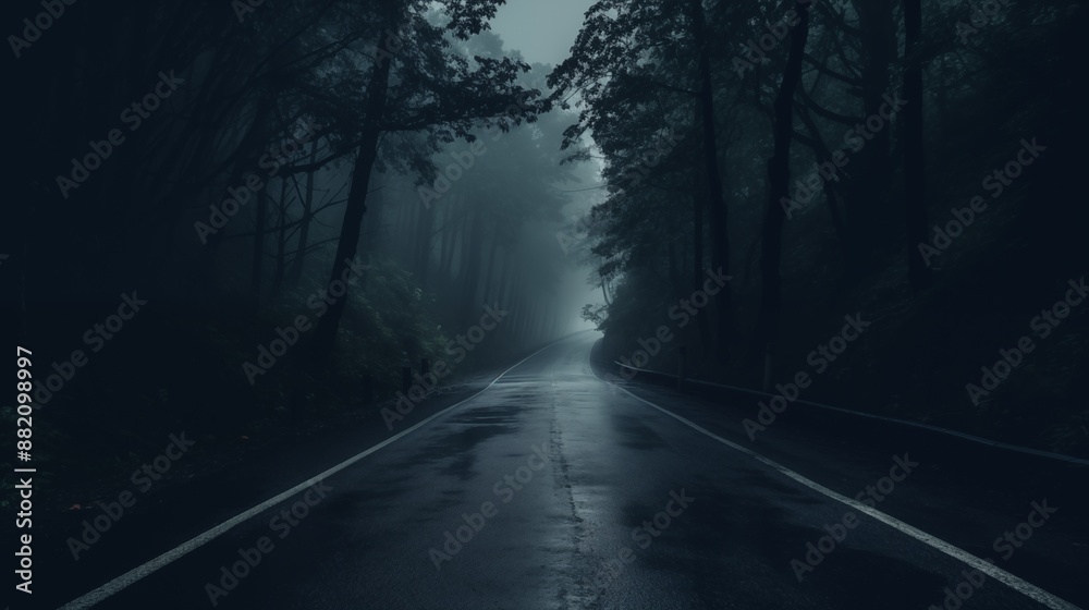 Fototapeta premium Dark, Foggy Road Through Dense Forest on a Gloomy Night