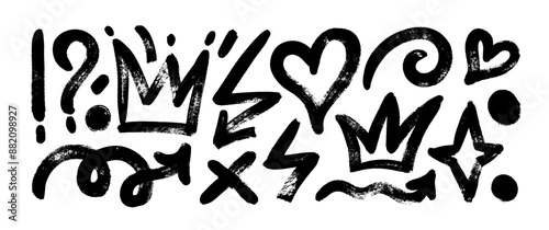 Collection of brush drawn symbols: hearts, crowns, arrows, crosses, swirls and dots with dry brush texture. Exclamation and question marks. Bold graffiti style shapes. Vector trendy illustration.