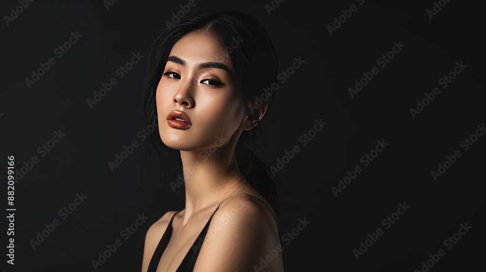 A fashionable Asian woman with a perfect figure and clear, fresh skin poses elegantly in a black dress. A fashionable Asian woman with a perfect figure and clear, fresh skin poses elegantly in a black dress.